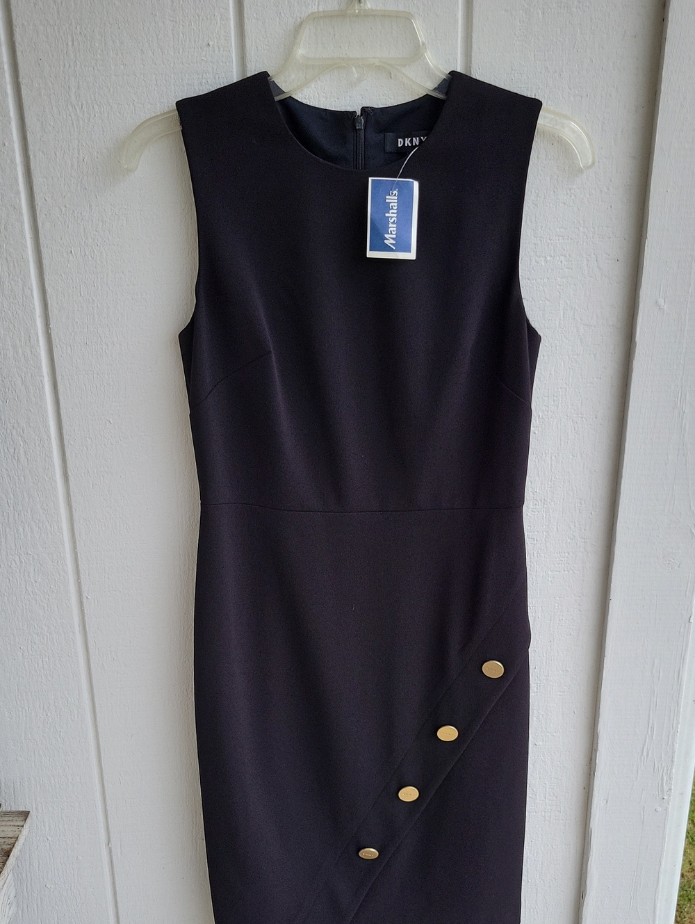 DKNY Black Sleeveless Sheath Dress with Gold Buttons